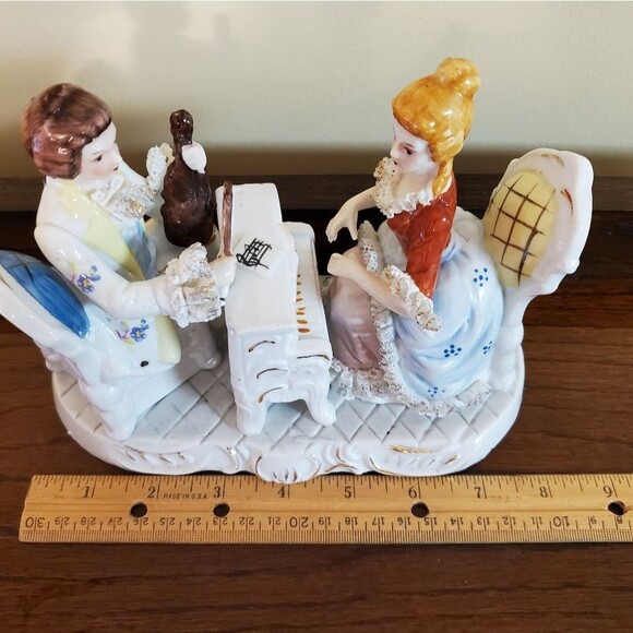 Vtg Dresden Porcelain Lace Figurine Victorian Couple Playing Violin and Piano - Picture 10 of 10